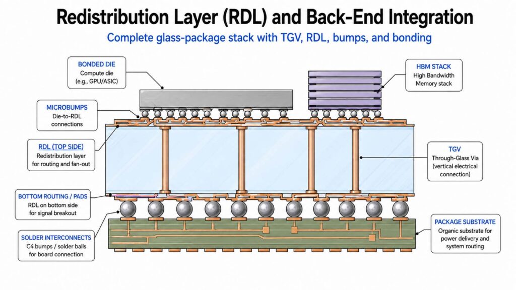 Complete glass-package stack with TGV, RDL, bumps, and bonding