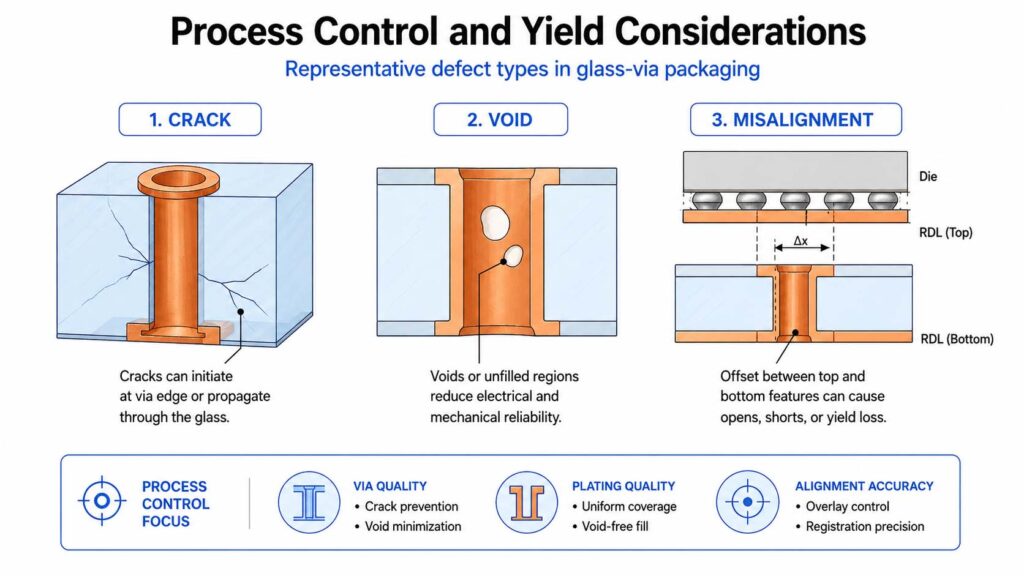Process Control and Yield Considerations Representative defect types in glass-via packaging